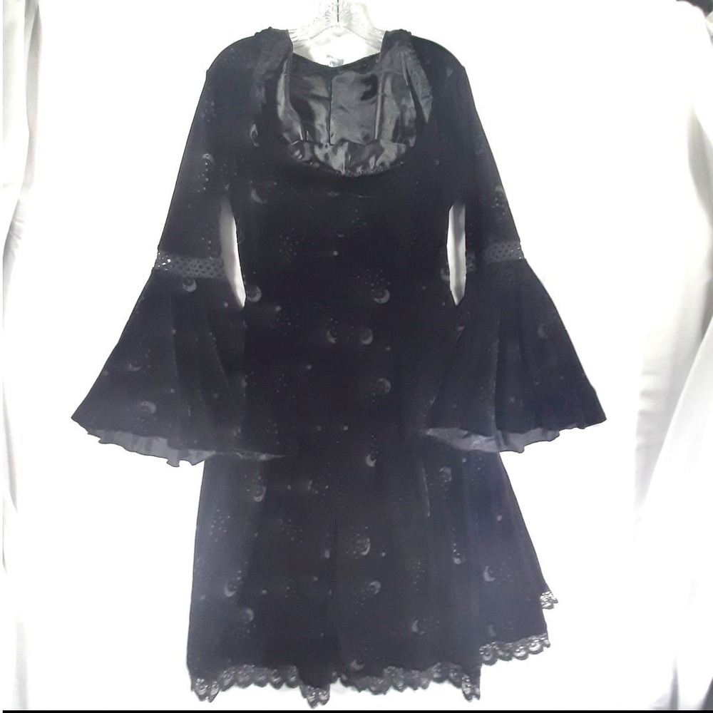 Goth Celestial Velvet Hooded Dress Small Moon Star Print Bell Sleeve Lace Black